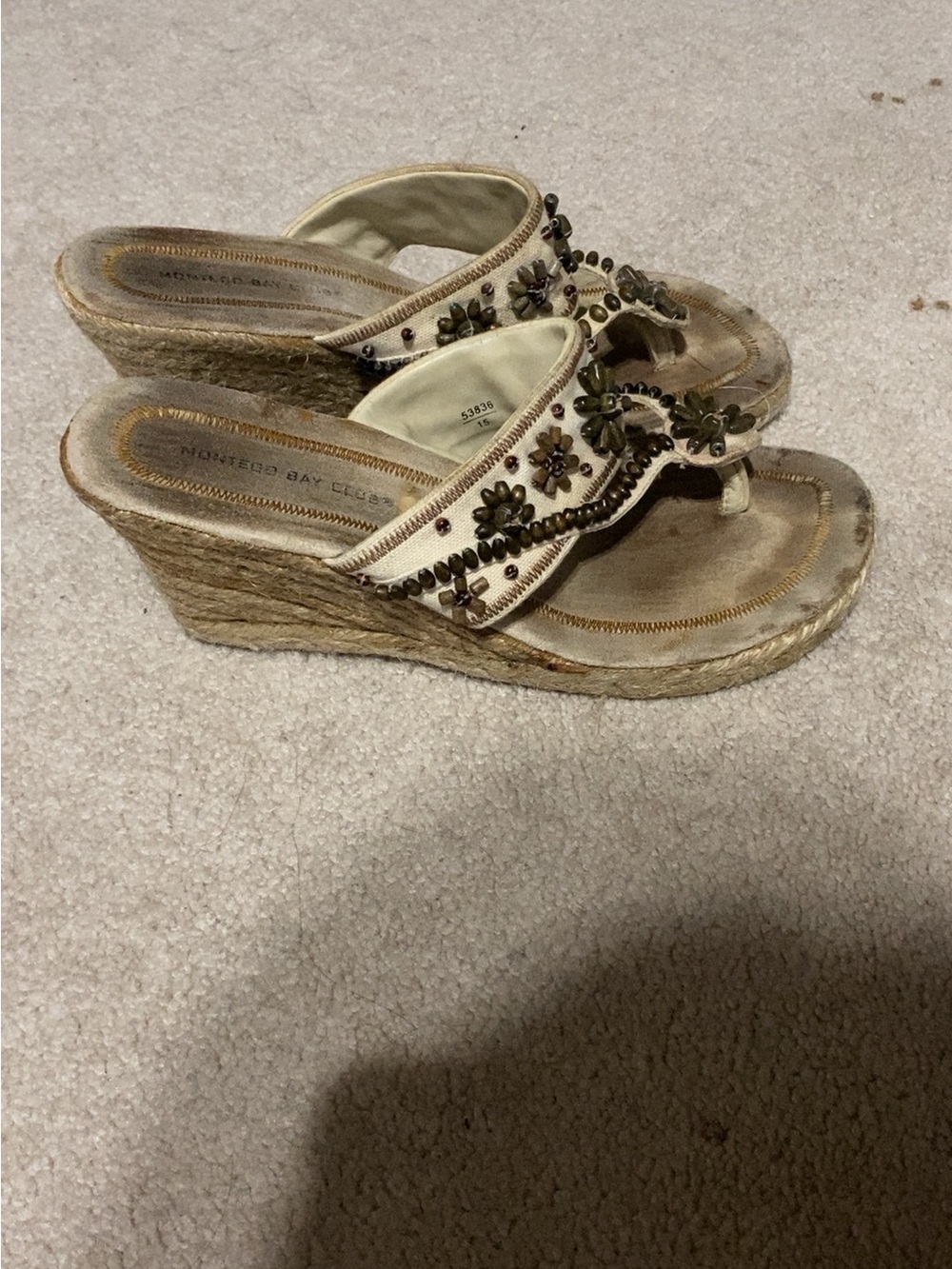 Montego Bay Club Cream Wedge Sandals with Beaded Flower Trim